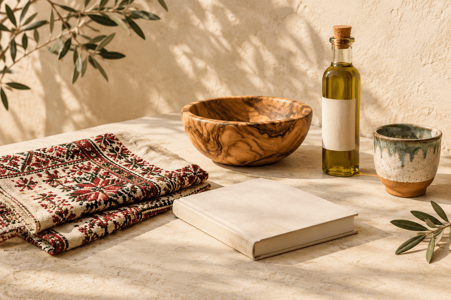 Palestinian embroidery, a book, an olive wood bowl, and olive oil arranged as cultural gift ideas.