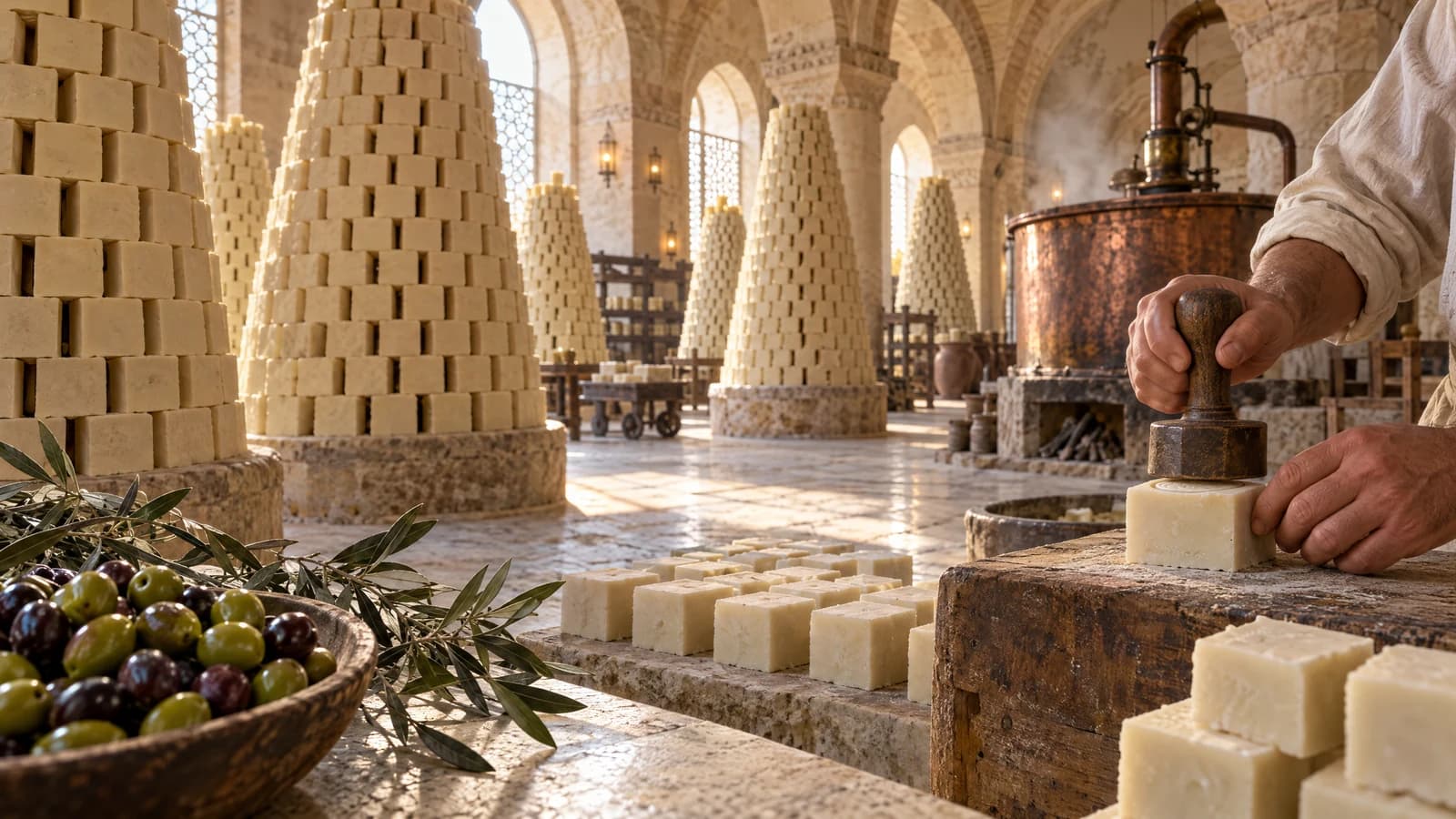 Vaulted stone soap hall with conical stacks of curing olive oil soap, a copper cauldron, and a soapmaker stamping a bar.