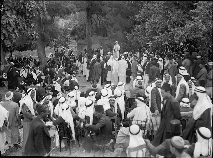 Archival photograph documenting Palestinian life or public gatherings during the 1930s, with source and date confirmed