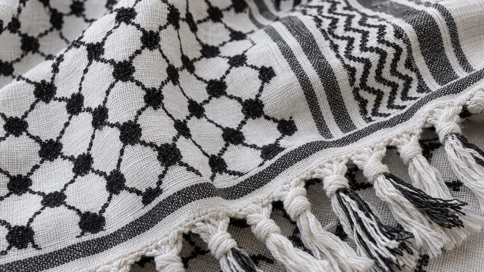Close-up of a black-and-white Palestinian keffiyeh showing the woven pattern and fringe