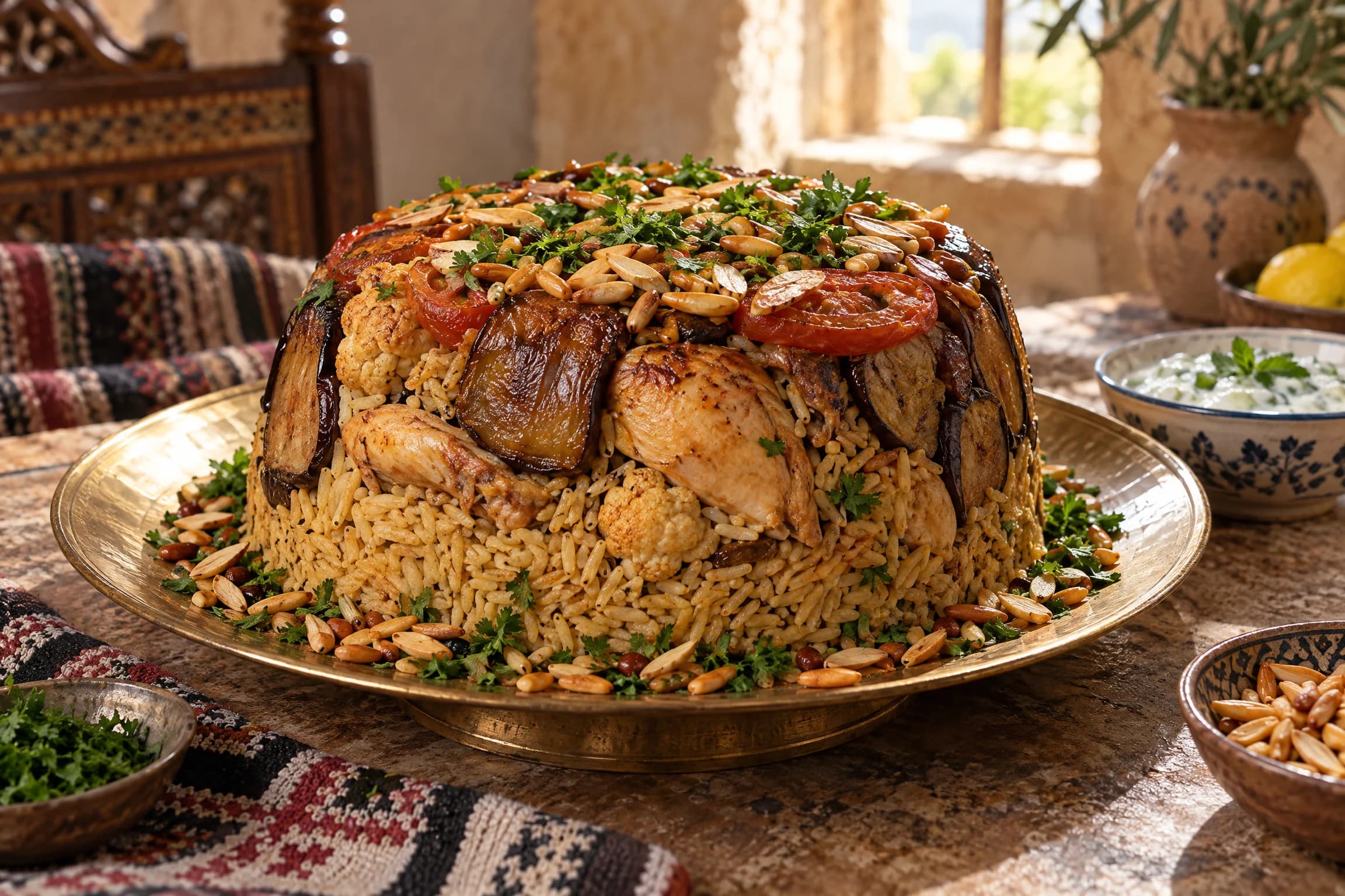 Palestinian Maqluba recipe served as a golden upside-down rice cake with chicken, eggplant, cauliflower, pine nuts, and almonds