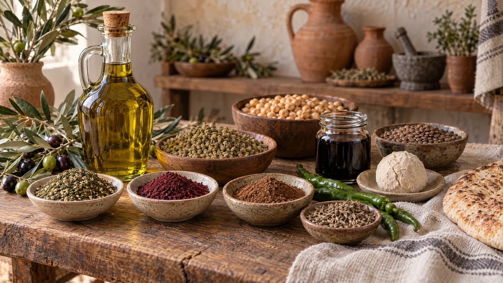 Palestinian pantry ingredients arranged on a rustic table, including olive oil, za’atar, sumac, baharat, freekeh, chickpeas, lentils, and pomegranate molasses.