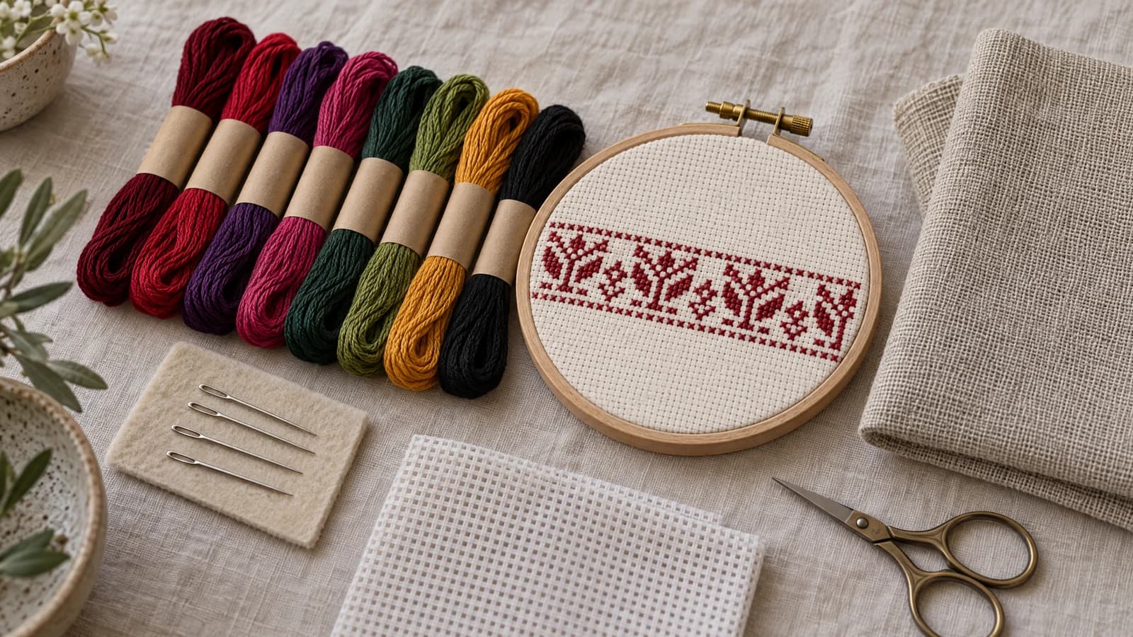 Tatreez starter supplies arranged flat: pearl cotton skeins, blunt tapestry needles, Aida cloth in a hoop, linen, waste canvas, and scissors.