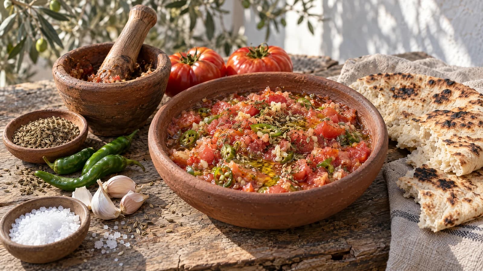 وعاء فخاري أحمر فيه دقّة غزّية من الطماطم والثوم والفلفل الأخضر وبذور الشبت إلى جانب خبز الطابون.