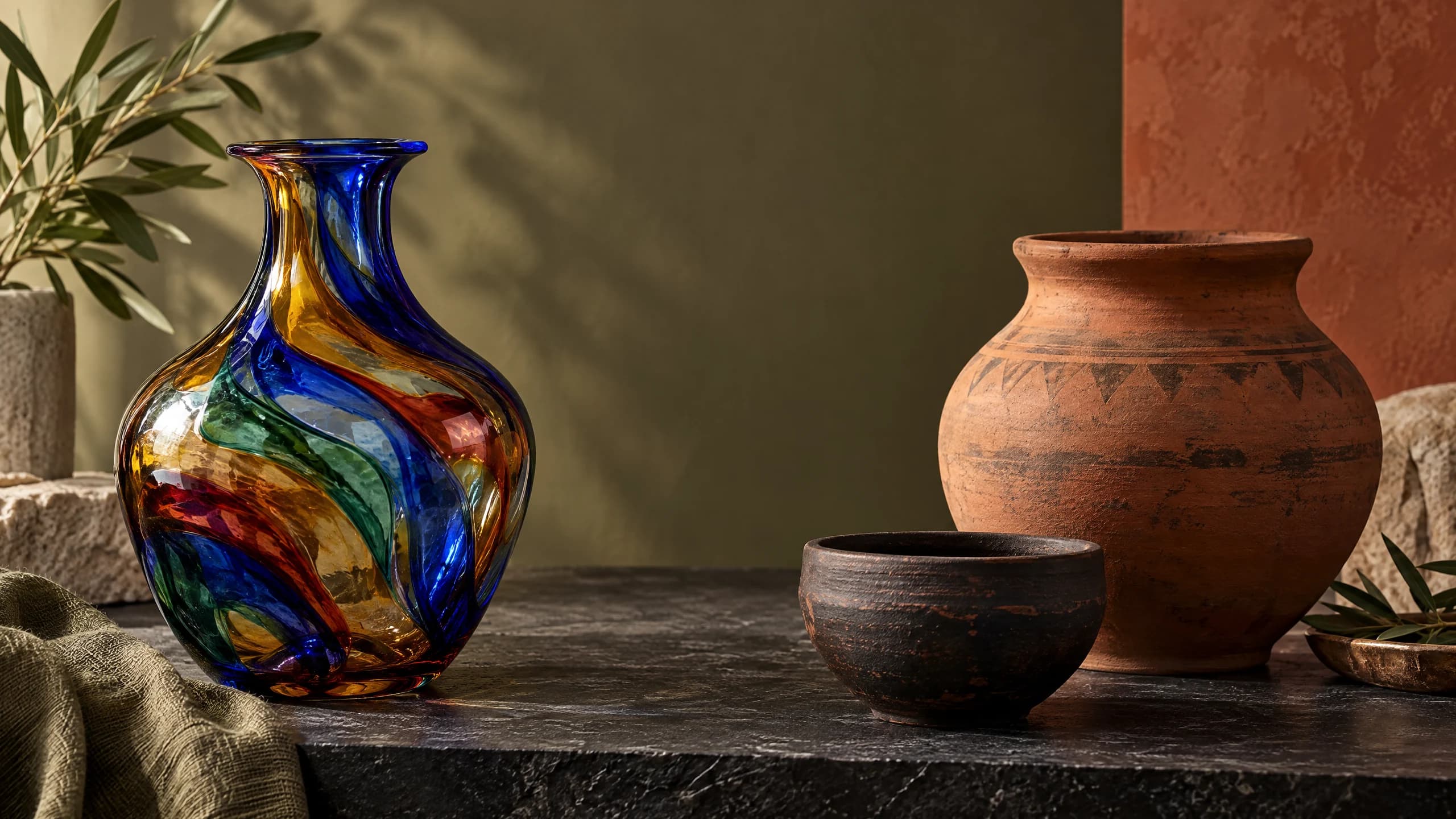 Editorial still life of hand-blown Hebron glass beside Gaza pottery on a dark stone surface.