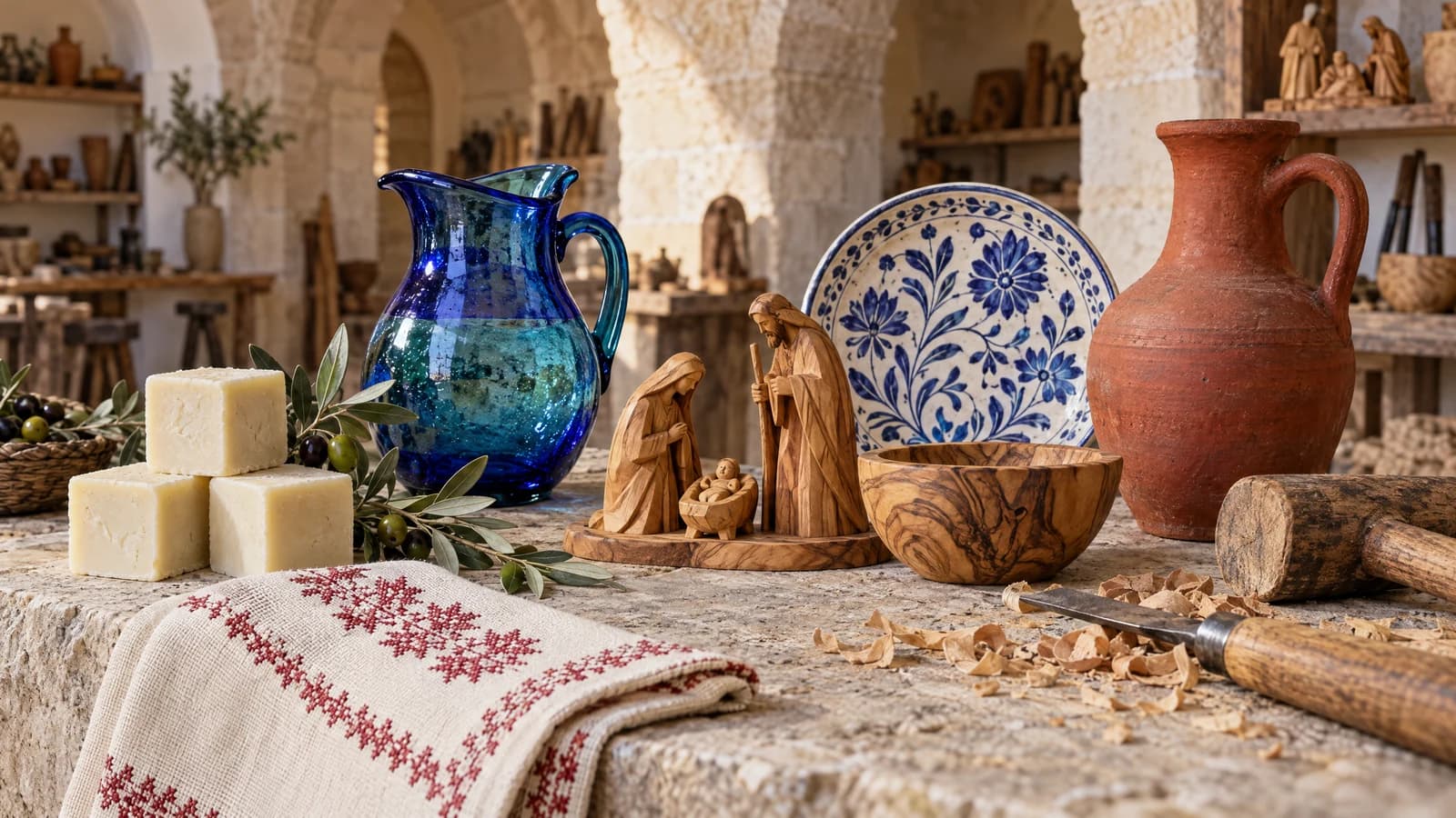 Palestinian handcrafts arranged on a stone workshop table, including olive oil soap, blue blown glass, olive wood carving, painted ceramics, and embroidered cloth.