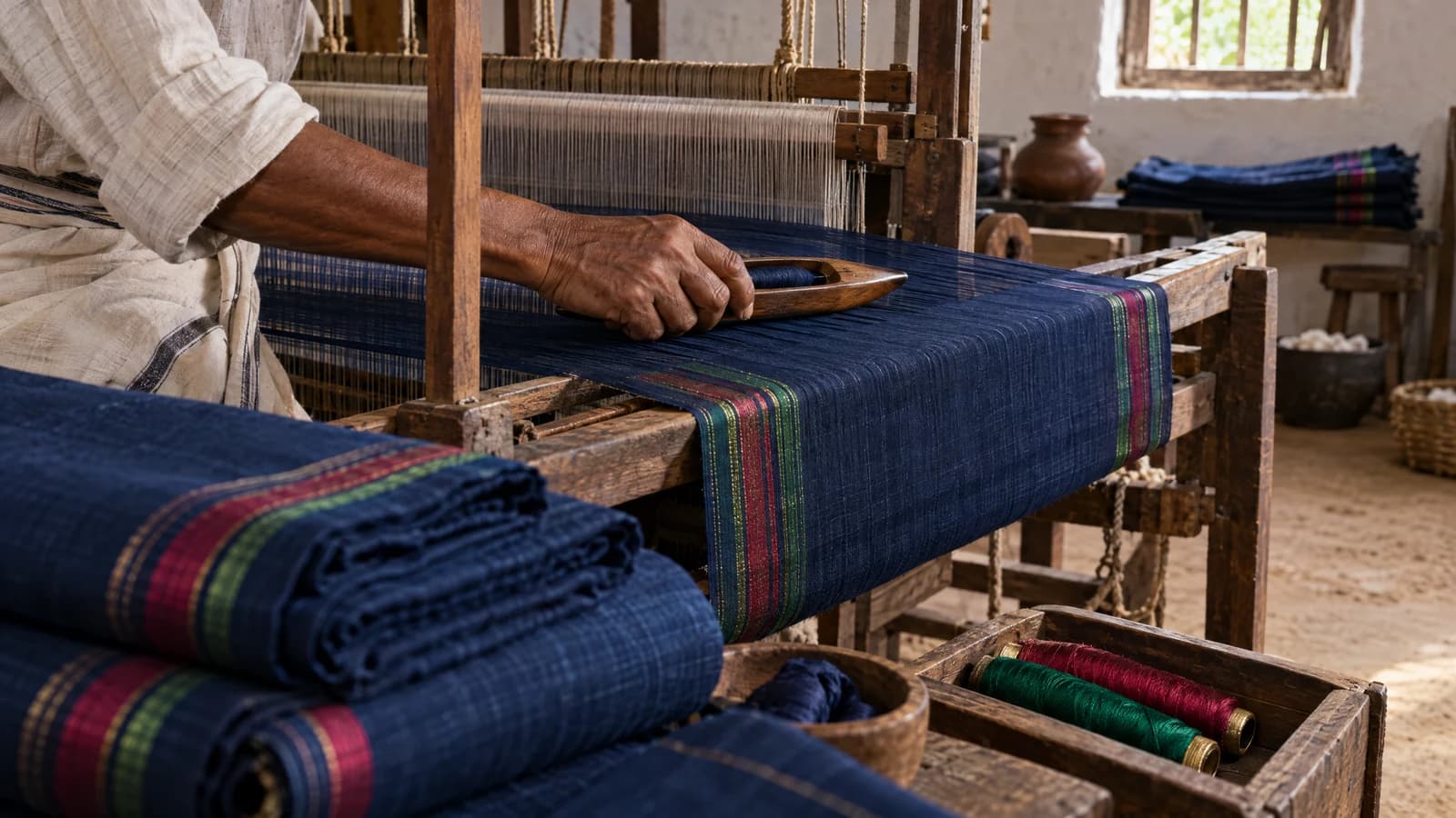 Textile palestinien à rayures terreuses présenté sur un métier à tisser traditionnel.