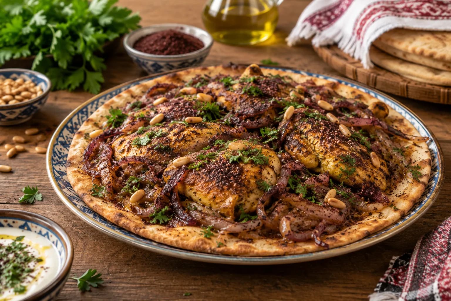 Roasted chicken on flatbread with sumac onions, pine nuts, and parsley, served on a blue-and-white platter.