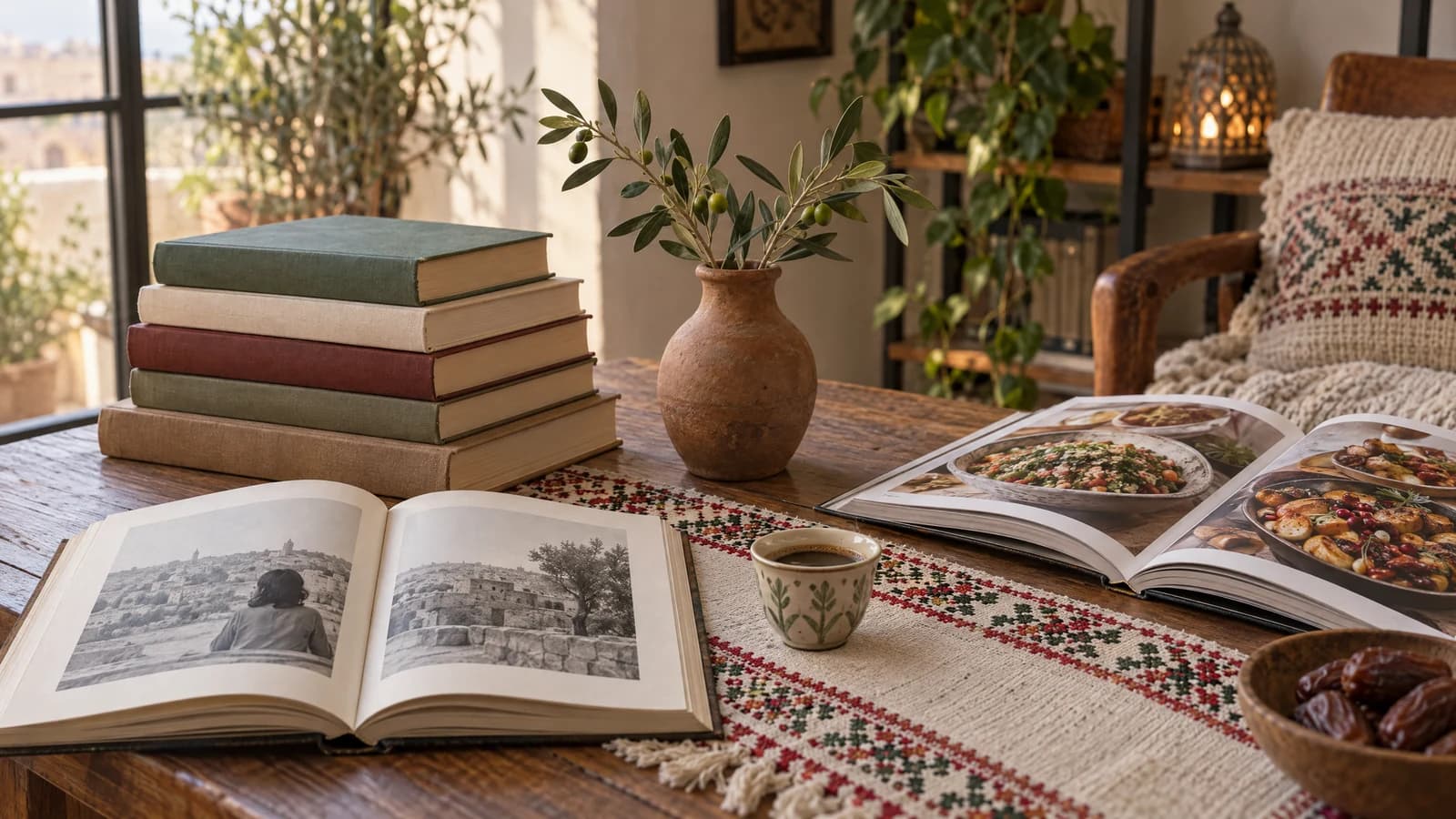 Reading corner with a stack of books, an open memoir and cookbook, an olive branch, and Arabic coffee on an embroidered runner.