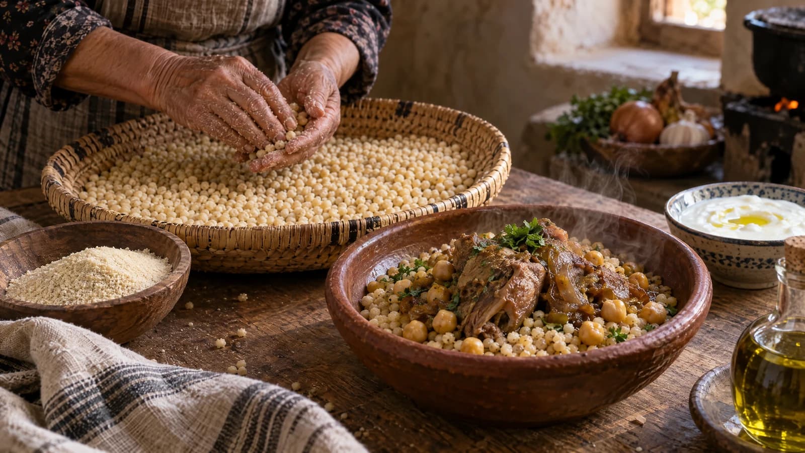 أيدٍ تلف حبات المفتول في صينية منسوجة بجانب وعاء فخاري من المفتول المطهو مع الحمص واللحم.