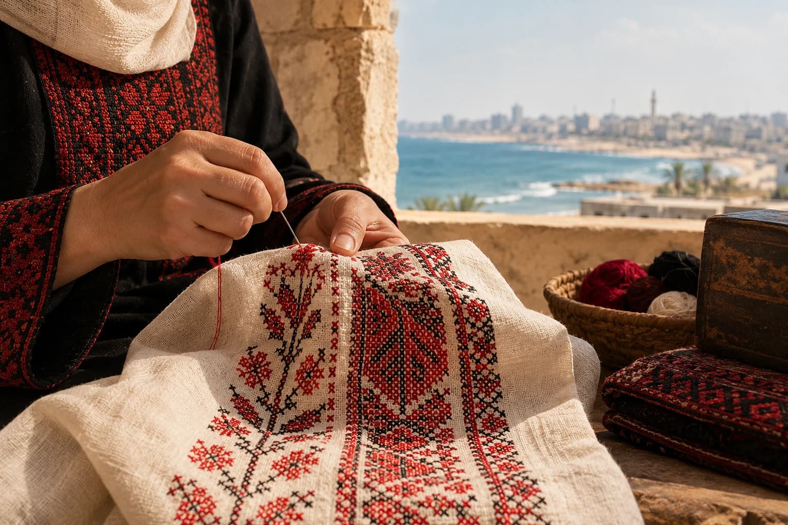 Hands stitching traditional Palestinian tatreez embroidery on linen beside the sea