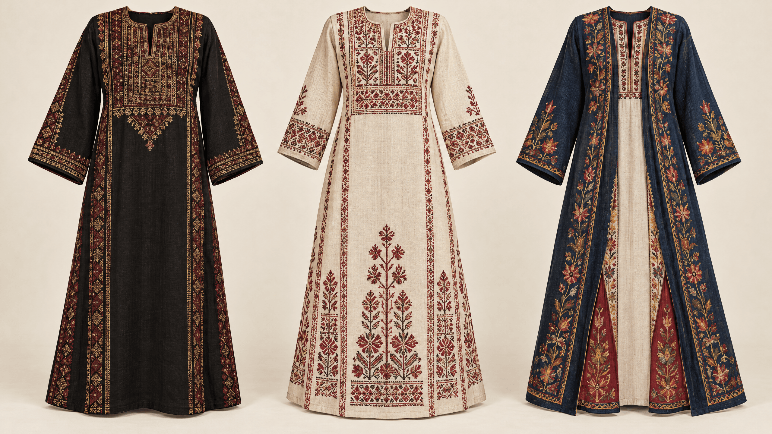 Comparative educational reconstructions inspired by selected catalog descriptions: a Bethlehem-inspired thobe, a Ramallah-inspired light-linen thobe, and a Galilee-inspired jellayeh coat.