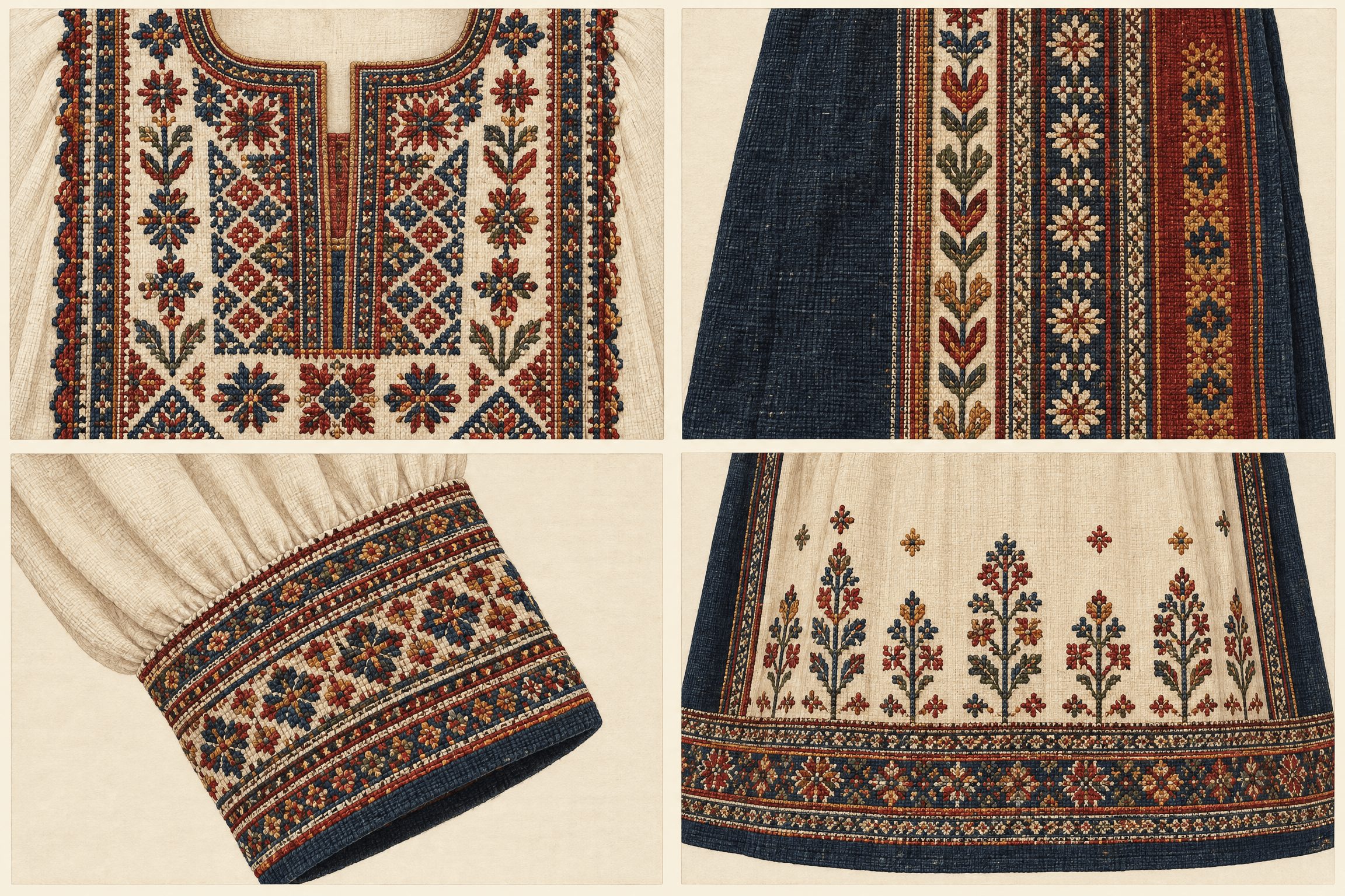 Educational detail studies showing chest-panel embroidery, vertical bands, a sleeve cuff, and a lower hem or back panel.