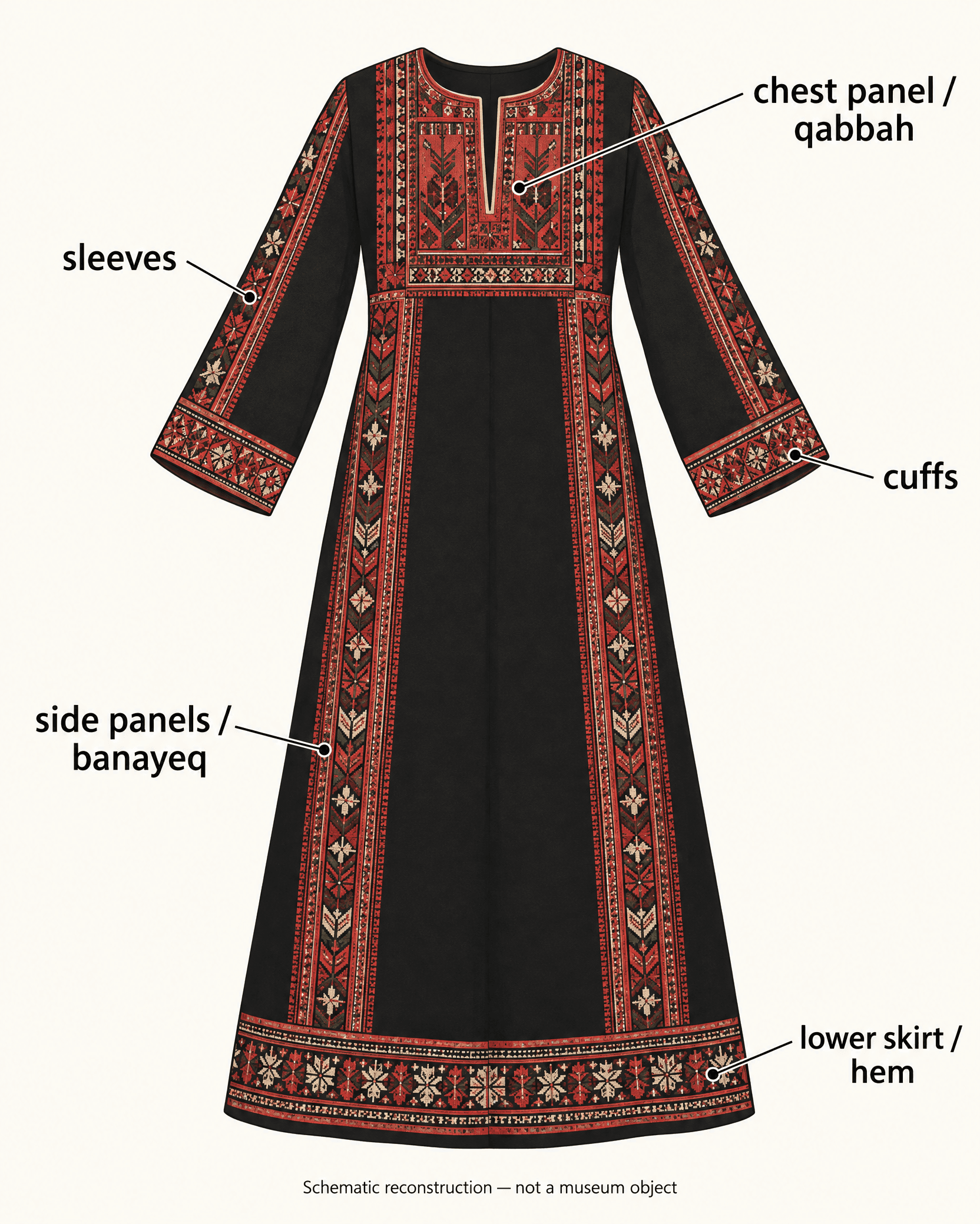 Labeled diagram of a Palestinian thobe identifying the chest panel, side panels, sleeves, cuffs, and lower skirt or hem.