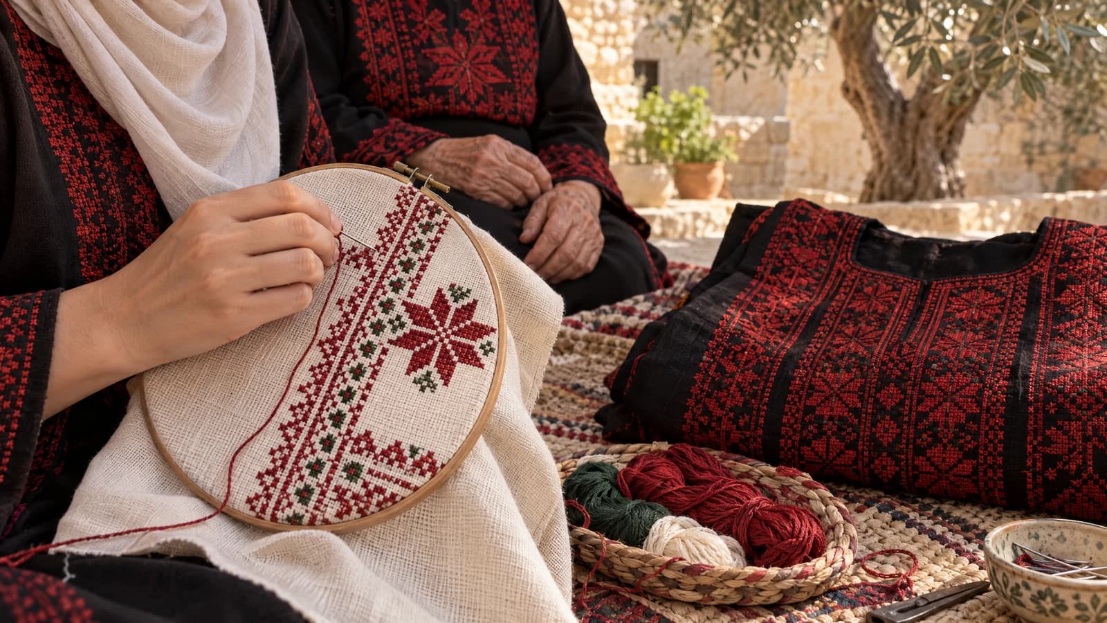 يد تطريز بخيوط حمراء على قماش داخل طارة، إلى جانب ثوب فلسطيني مطرّز.
