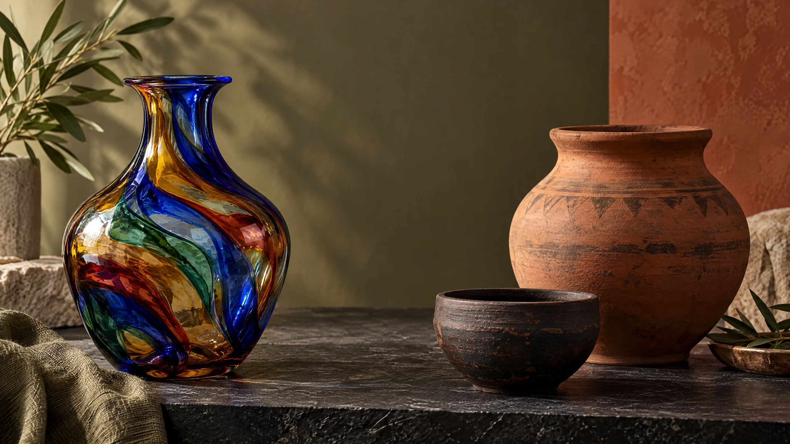 Editorial still life of hand-blown Hebron glass beside Gaza pottery on a dark stone surface.